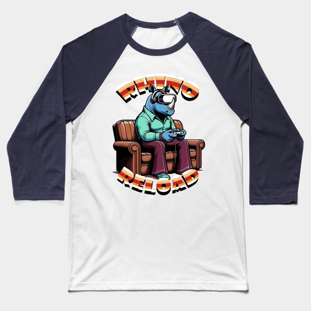 Rhino Reloaded - Vintage VR Gamer Chic Baseball T-Shirt by TimeWarpWildlife